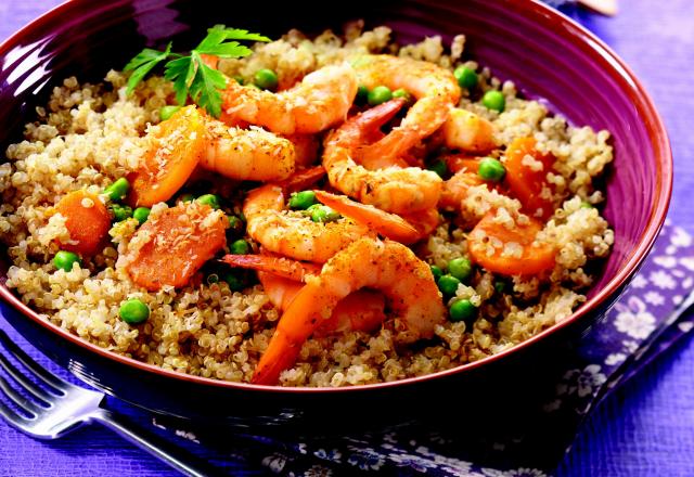 Quinoa à la noix de coco et crevettes aux curry