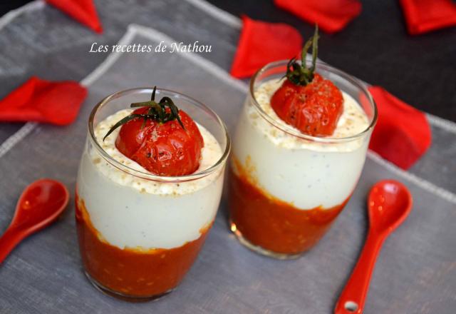 Verrines au chutney de tomates cerise, mousse de feta, fleur de sel aux épices grillées