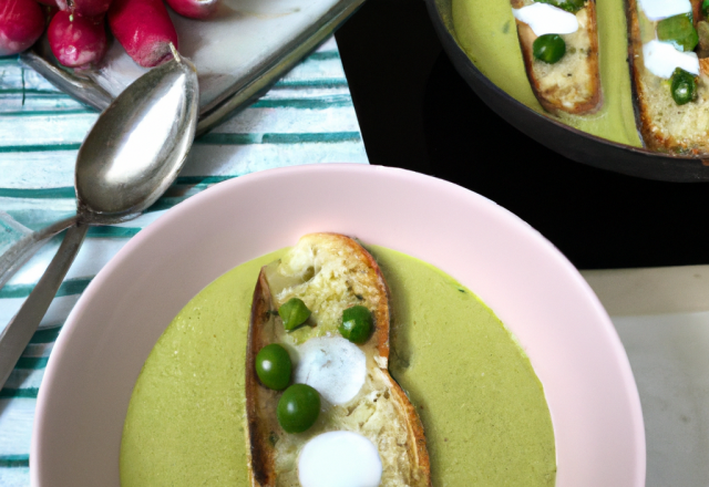 Velouté de petits pois frais à la menthe fraîche et à l'huile d'olive tartine grillée au chèvre frais et radis