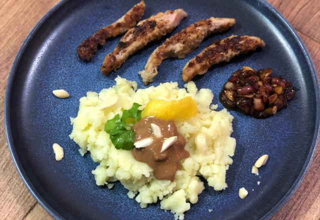 Piccata de veau aux amandes, purée de pommes de terre et crème d'amande