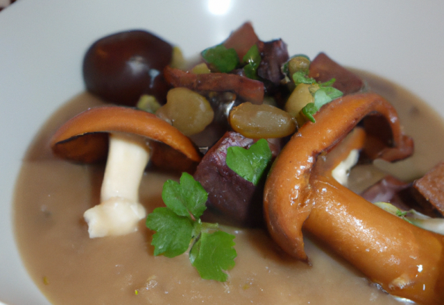 Velouté de marrons, poélée de Marrons, de champignons du moment sacristains Fourme d'Ambert et fruits secs