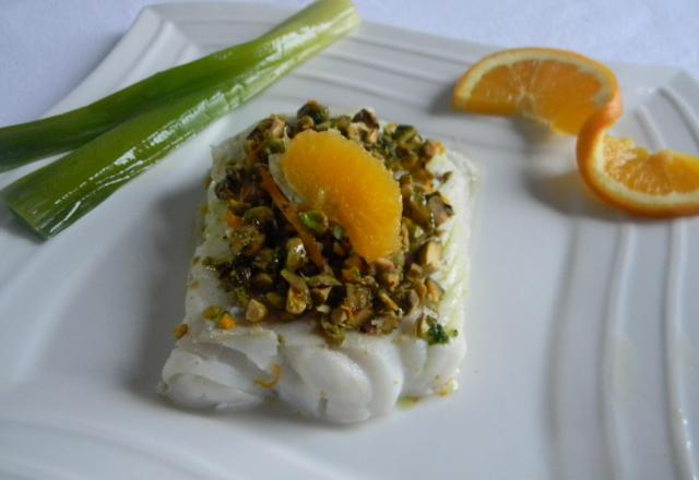 Dos de cabillaud à la vapeur d'orange, pistaches, mousseline de topinambours, vinaigrette orange pistache