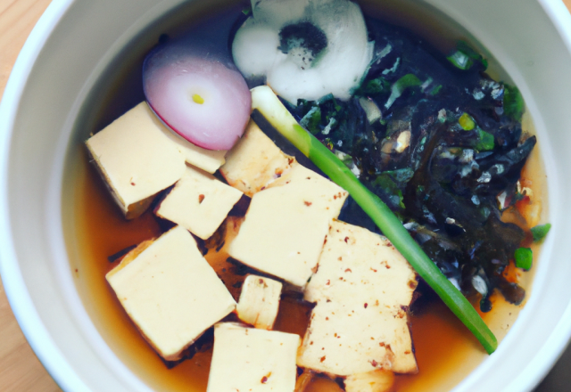 Soupe miso au tofu, mirin et oignon nouveau