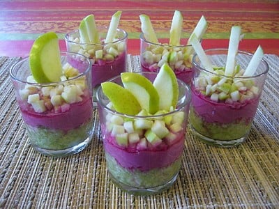 Mousse de betterave et tartare de concombre-pomme verte