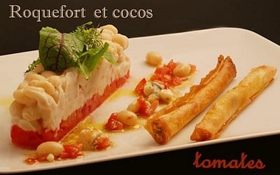 Cocos de Paimpol à la crème de Roquefort au tartare de tomates et croustillant