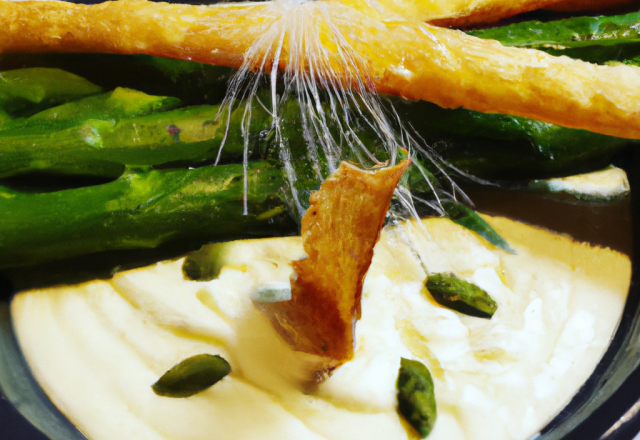 Crème d'asperges vertes, chantilly à l'Espelette & tuile au parmesan