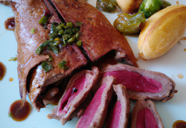 Magret de canard en croûte d'olive purée de céleri et pomme huile piment d'espelette