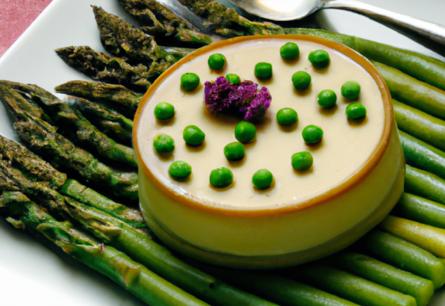 Flan de petits pois et parterre d'asperges