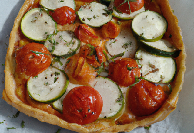 Tarte tomates, chèvre, miel et courgette