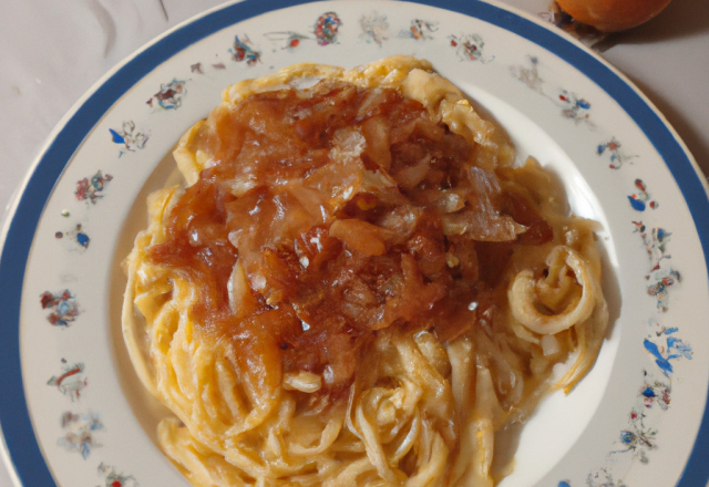 Spaghetti et compotée d'oignons doux