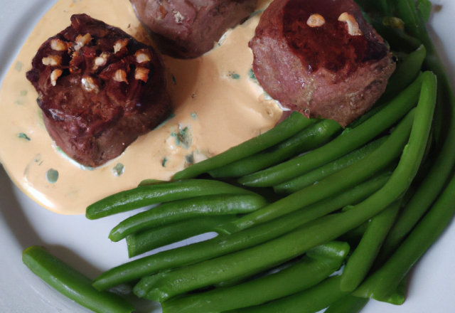 Tournedos accompagnés de ses haricots verts et sa sauce roquefort