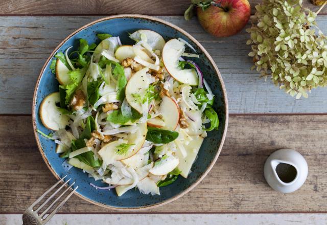 Salade de fenouil, pomme, roquette, pousses d'épinards et noix