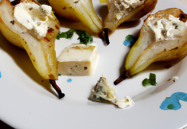 Poires pochées au Floc de Gascogne blanc, crème de fromage blanc au Roquefort