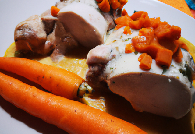 Chapon farci au veau, dés de carottes et sauce forestière