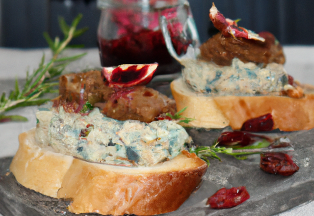 Rillettes de Roquefort aux fruits secs sur toasts de pain d'épice