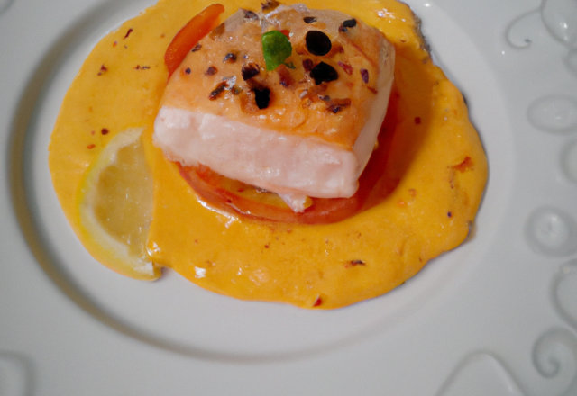 Saumon rôti aux poivrons sur lit d'orange, purée