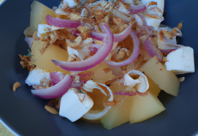 Salade de melon, oignon rouge et noix.