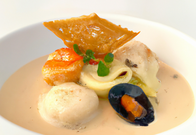 Ravioles de Saint-Jacques et julienne de légumes, bisque de langoustines au foie gras et truffes