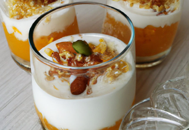 Verrine sirop de pêches, faisselle et yaourt grec, croustillants spéculoos et touche noix de coco