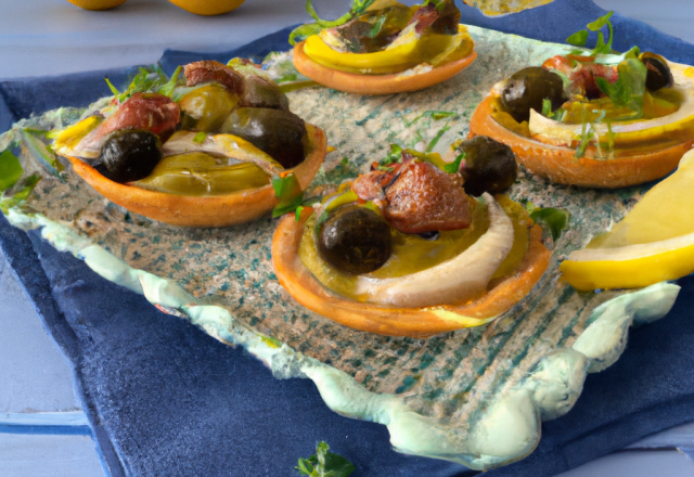 Tartelette à la sardinade, aiguillettes d'olives citronnées