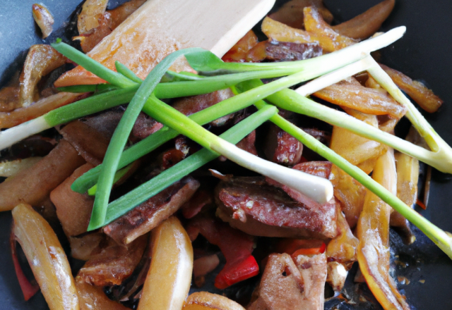 Wok au bœuf caramélisé et poireaux