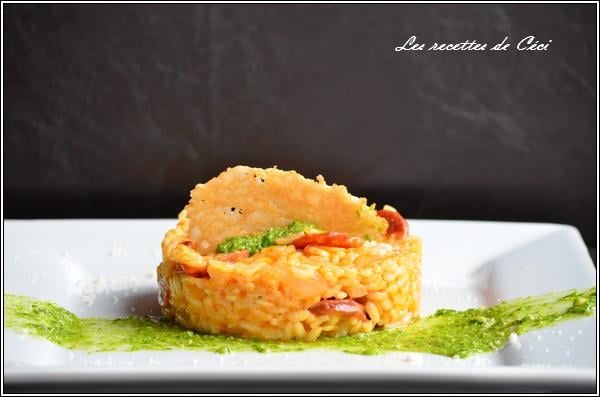 Risotto au chorizo et au parmesan et son pesto de roquette