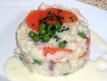 Risotto au poulet petits pois carottes et cancoillotte