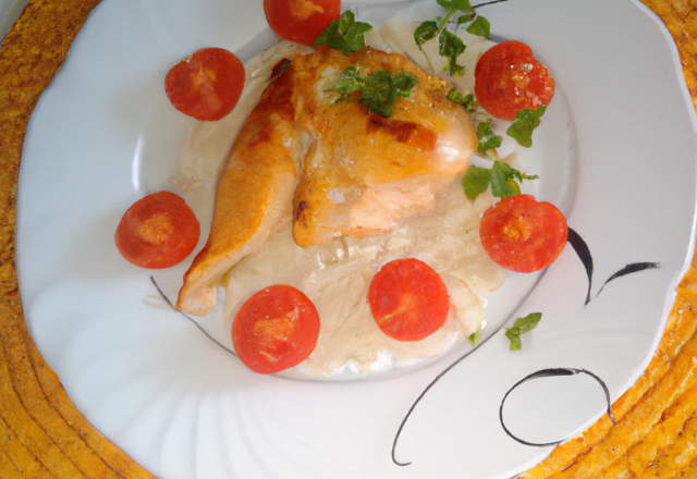 Poulet citronné déposé sur une tomate et son lit de blé