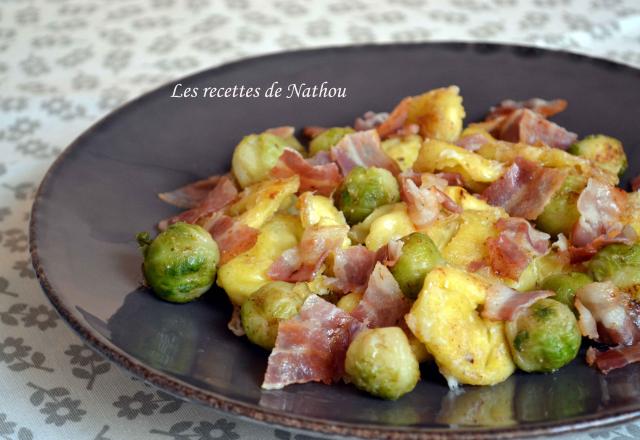 Tortellinis et choux de Bruxelles poêlés au lard et parmesan