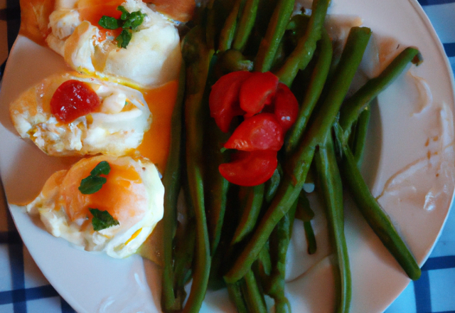 Haricots verts à la mousseline de tomates et œufs mollets