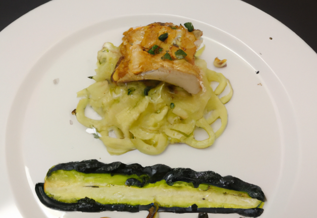 Filet de cabillaud, tagliatelles de courgettes et sa sauce bleue noix