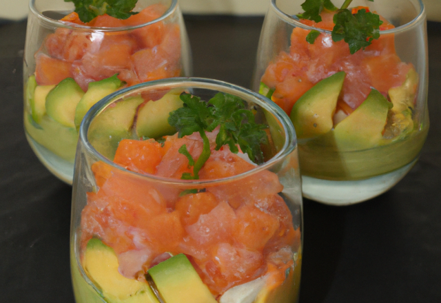 Verrine de crabe, saumon et avocat aux agrumes