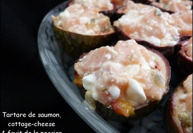 Tartare de saumon, cottage cheese et fruits de la passion