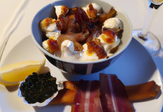 Lardons de moules, chutney de pomme au cidre, crème de camembert