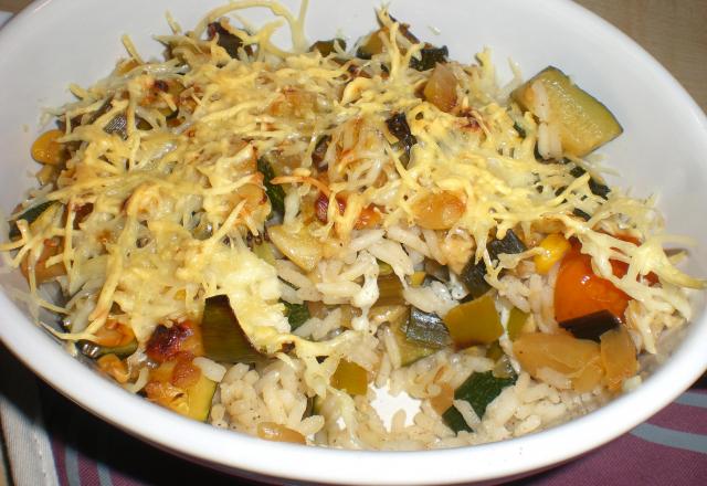 Gratin de riz massalé aux légumes poêlés