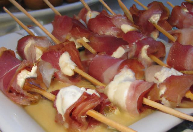 Brochettes d'huîtres au jambon et Fourme d'Ambert