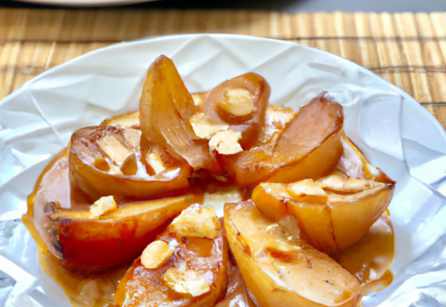 Poires rôties aux amandes, sauce caramel au beurre vanillé