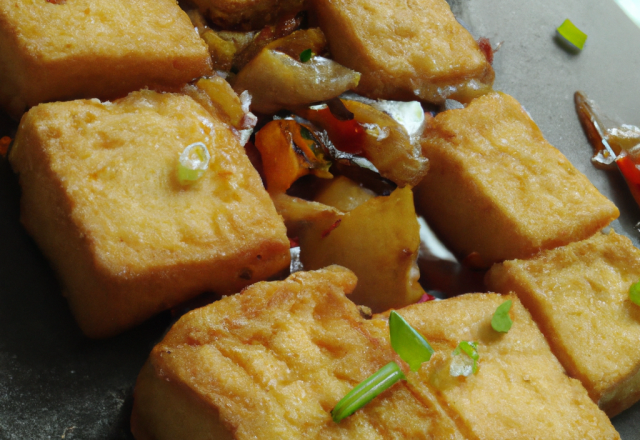 Tofu frit, mariné au gingembre