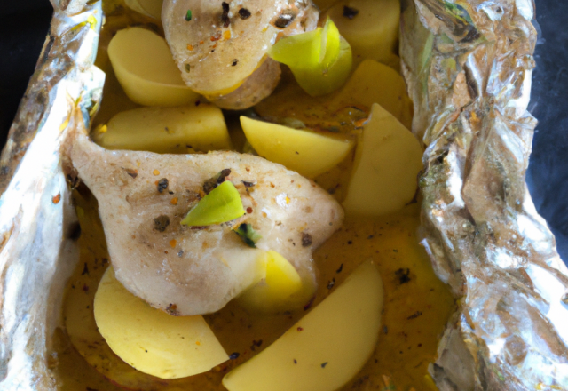 Chapon en papillote aux poires