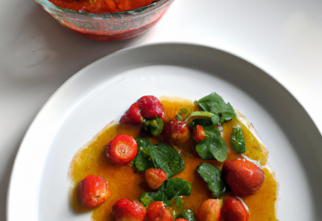 Compote de fraises au persil frit et au curry