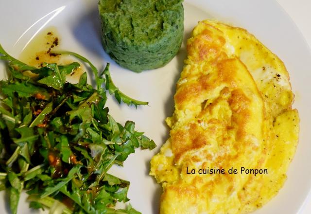 Salade de pissenlits, omelette et purée à la spiruline