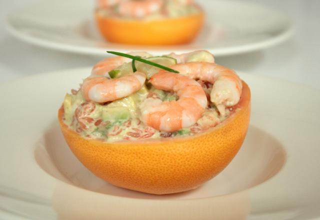 Tartare pamplemousse-avocat-crevettes, citron vert & wasabi