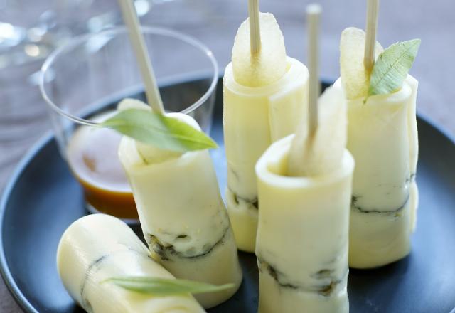 Bonbons de poire et verveine au Morbier, jus d'abricots