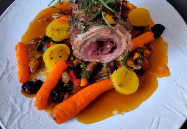 Filet d'agneau en croûte d'agrumes, jus d'agneau et cocotte de légumes