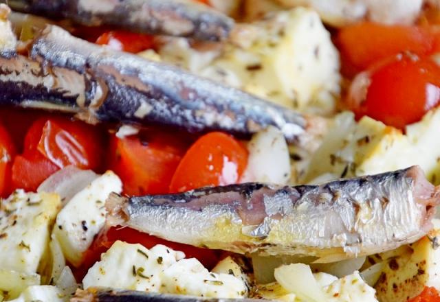 Tomates rôties à la feta et aux petites sardines