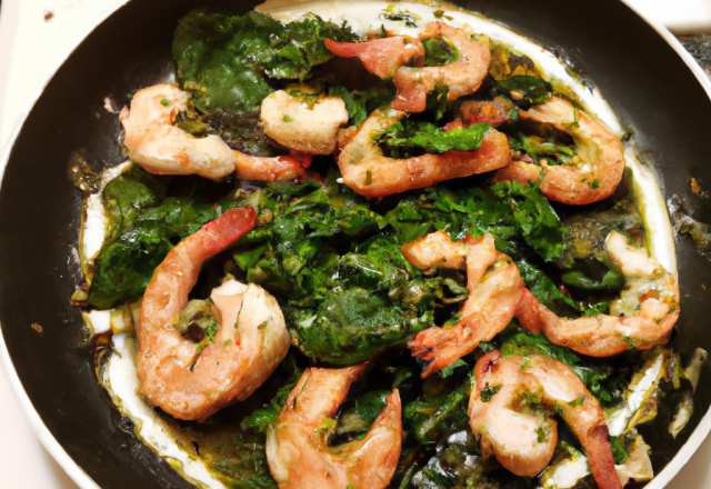 Gambas sautées, sauce épinard, ail et menthe