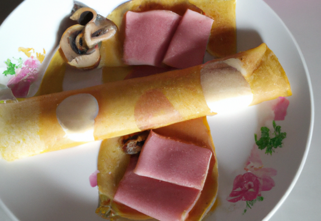 Crêpes roulées aux champignons et jambon