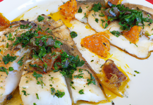 Filets de turbot à l'étouffée, écorces d'oranges et coriandre fraîche