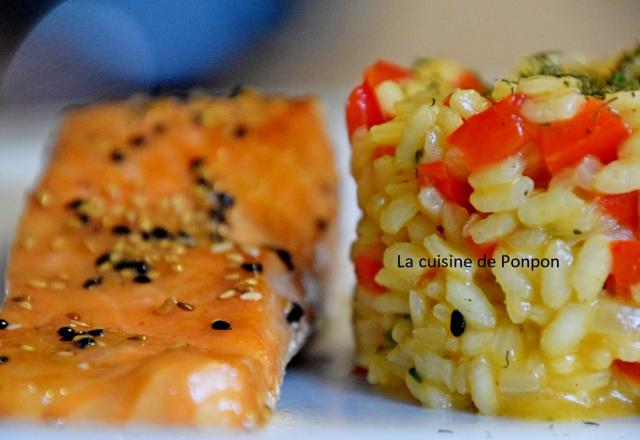 Filet de saumon mariné et son risotto au poivron rouge