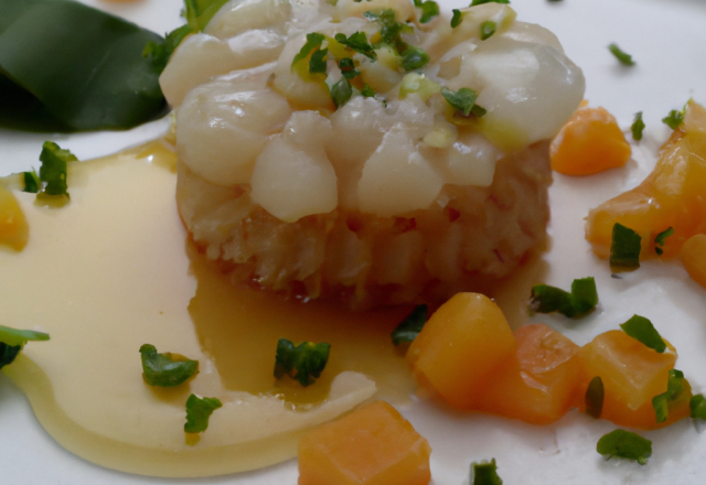 Tartare de coquille Saint-Jacques au jus de mandarine et coulis de corail